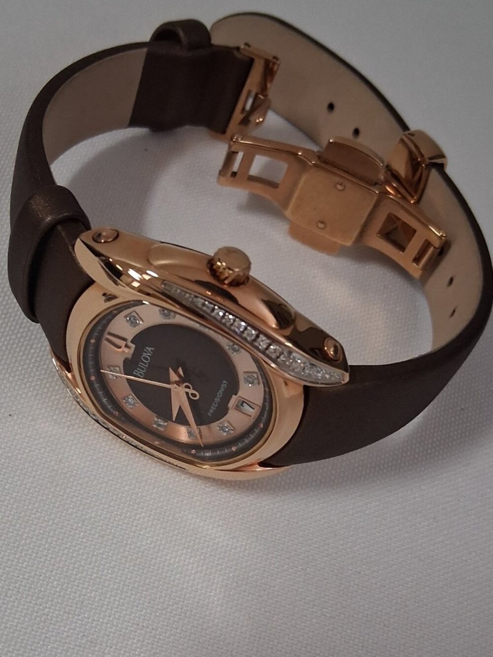 Bulova Precisionist Diamond   Ladies Watch – Rose Gold Tone, Brown Leather Like